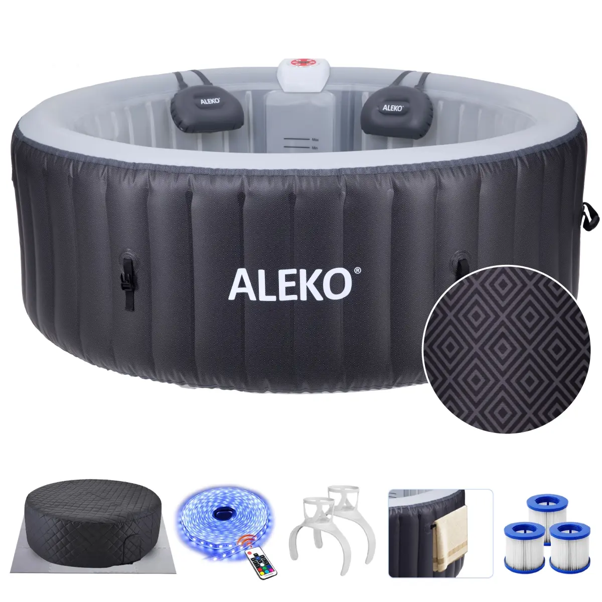 212 MAIN ALEKO HTIR4BDIAMOND-UNB Round Inflatable 4-Person Outdoor Hot Tub, 211 Gal Capacity, 120 Bubble Jets, Black Diamond Design