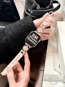 Greenish Sparkly Four-Leaf Clover Leather Watch Band (Band Only), Rhinestone Fashion Strap for Apple Watch 42–49mm, Series 10 11 Ultra 2 3, Black / White/ Pink