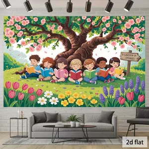 1pc Classroom Banner - Youngsters Reading Under Blossoming Tree with Books, Pastel Colors (Pink/Blue/Yellow/White/Purple/Green/Beige/Brown/Gray/Black) - Durable Polyester Backdrop for School, Lib, Birthday