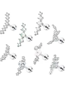 8Pcs 16G Cartilage Earring Set Stainless Steel Flower Opal CZ Stud Earrings Flat Back Cartilage Conch Helix Piercing Jewelry for Women