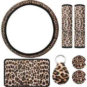 7 s Leopard Print Car Accessories Set, Leopard Steering Wheel Cover, Leopard Car Cup Holder, Leopard Keyring, Armrest Pad Cover and Seat Belt Pads for Most Cars