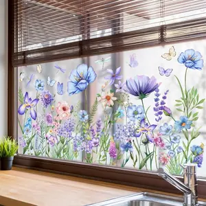 Summer Blue Flower Window Clings Purple Floral Bouquet Window Stickers Double-Sided Spring Garden Wildflower Window Cling Butterfly Glass Decals for Bird Windows Strike Prevention (11.8 * 23.6inch)
