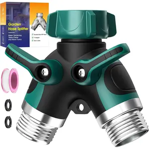 2 Way Garden Hose Splitter with Shut Off Valve,Water Spigot Splitter for 3/4" Hose Connector,Heavy Duty Metal Outdoor Faucet Splitter Y Connector for Hose,with 3 Leakproof Washers & 1 tape(2, Green)