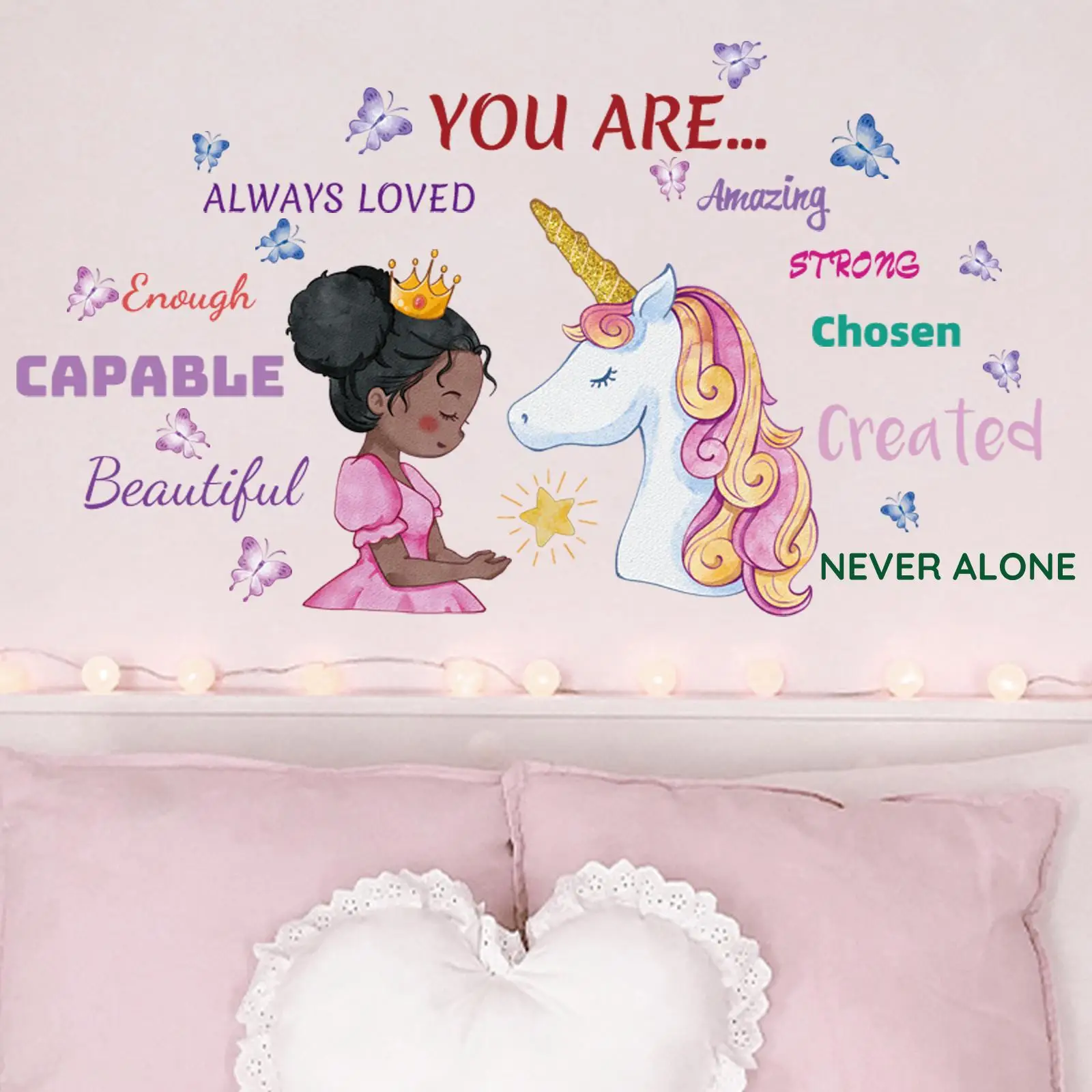 1 Set Cartoon Girl & Unicorn Pattern Wall Sticker, Slogan Graphic Creative Wall Decal, Wall Decorative Tiles Sticker for Home Bedroom Decoration, Cool