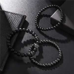 Fashionable retro black matte bracelet with cubic zirconia crown, diamond ball, dice, and lion head set as a Valentine's Day gift for men