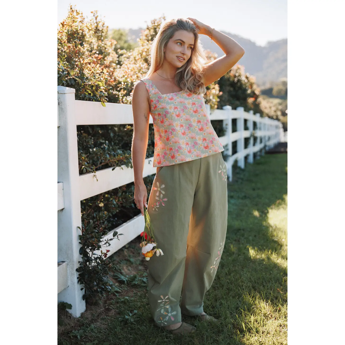 Telena Barrel Leg Pants - Olive Green Patchwork