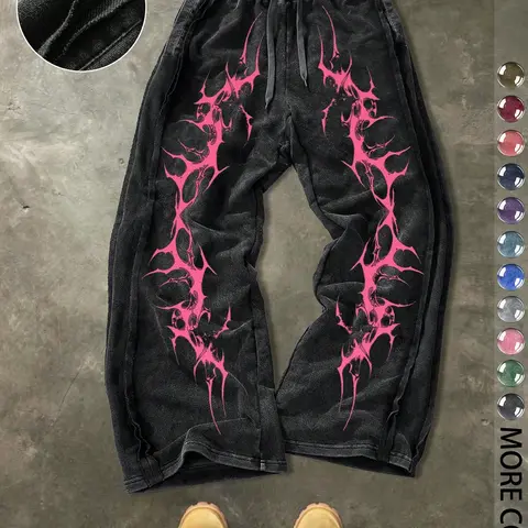 Men's Casual Loose Cotton Sports Pants, Cyber Pattern Print, Street Style, Casual Comfy Sweatpants, Adjustable Drawstring Sweatpants, Drawstring Loose Sweatpants, All Seasons, Ideal Gift, Sports Trousers