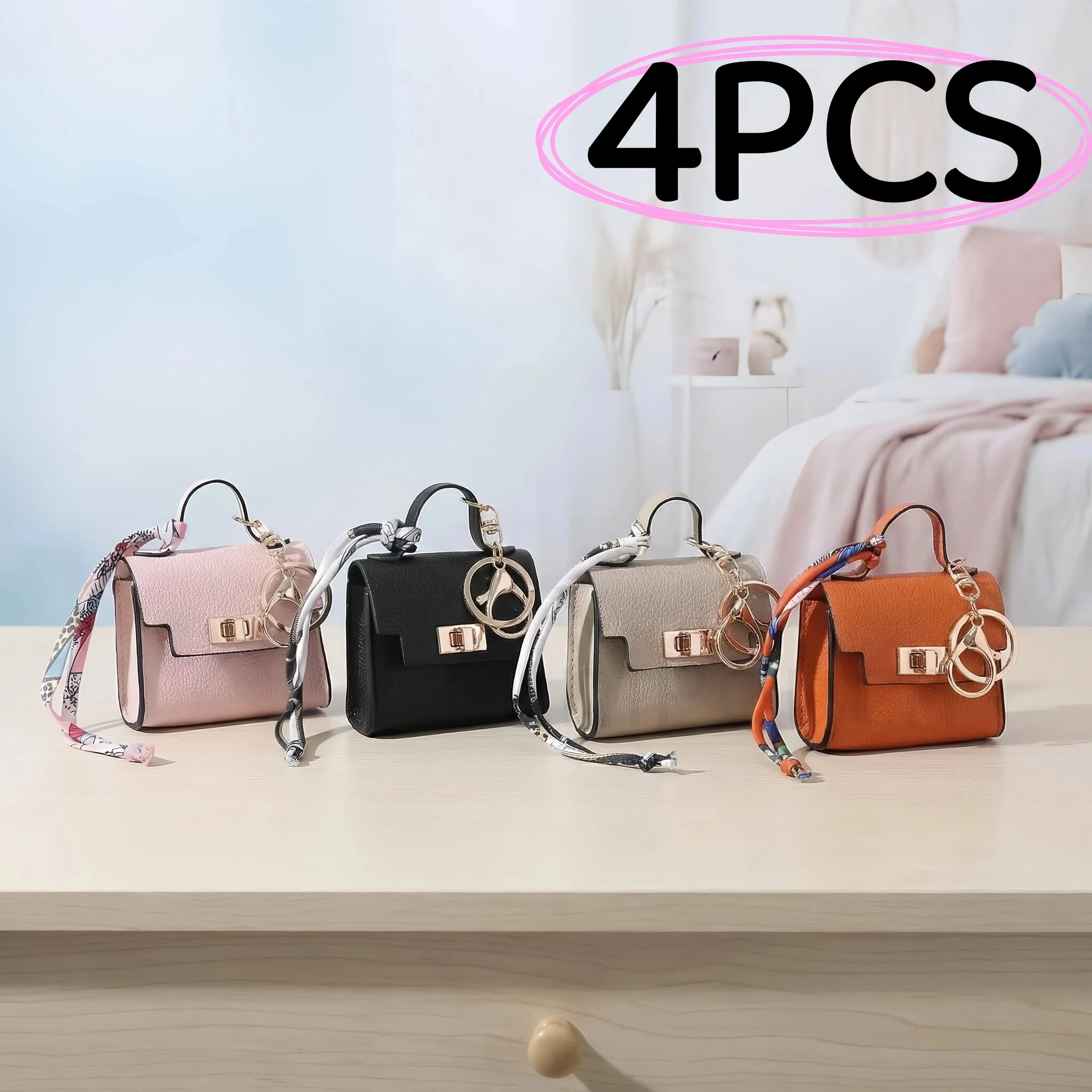 4PCS Mini Pouch Set, Minimalist PU Leather Coin Pouches for Purses with Keychain Clip, Small Lipstick & Earbud Organizer with Twist Lock, Fashionable Versatile Purse, Soft Touch, Keeps Organized, Casual, Cute Look, Assorted Colors, Clip-On Keys, Classic P