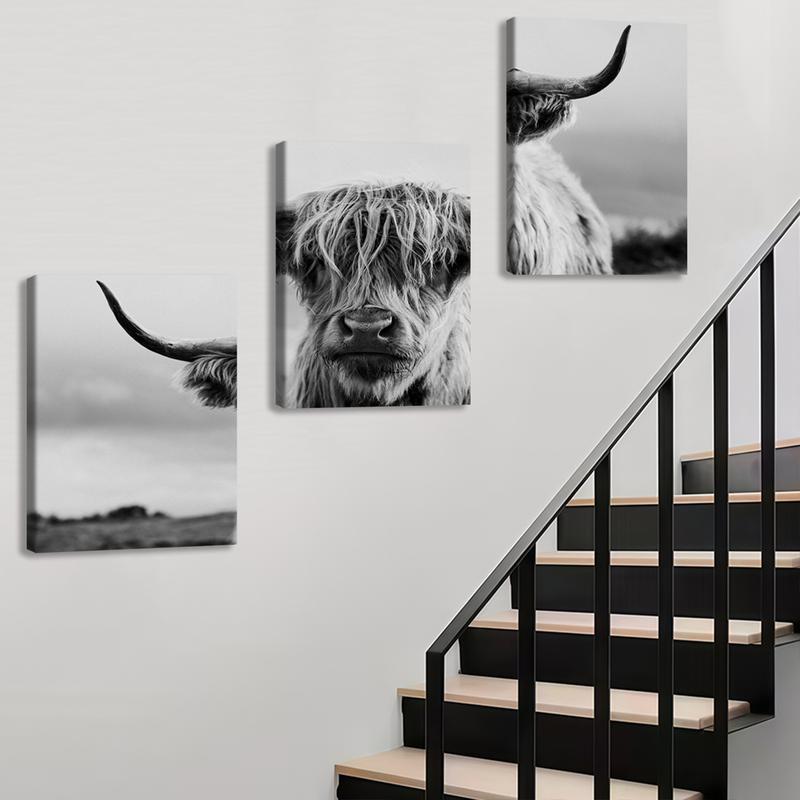 3Pcs Wooden Framed Canvas Painting, Black And White Highland Cow Portrait, Exquisite Poster, Home Decoration, Pattern Wall Art Decor, For Living Room, Bedroom, Office, Restaurant, Bar Wall Decor, Odorless, Painting, Print Artwork.