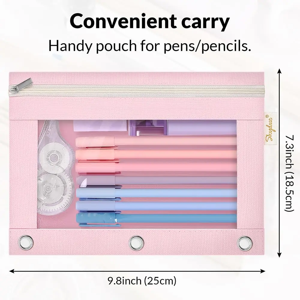 SKYDUE 9.8"x7.25" 3-Ring Binder Zipper Pouch - Durable Lightweight Multi Pocket Storage Bag Organizer with 3 Pockets, Mesh Window for Work Office Supplies, Blush Pink