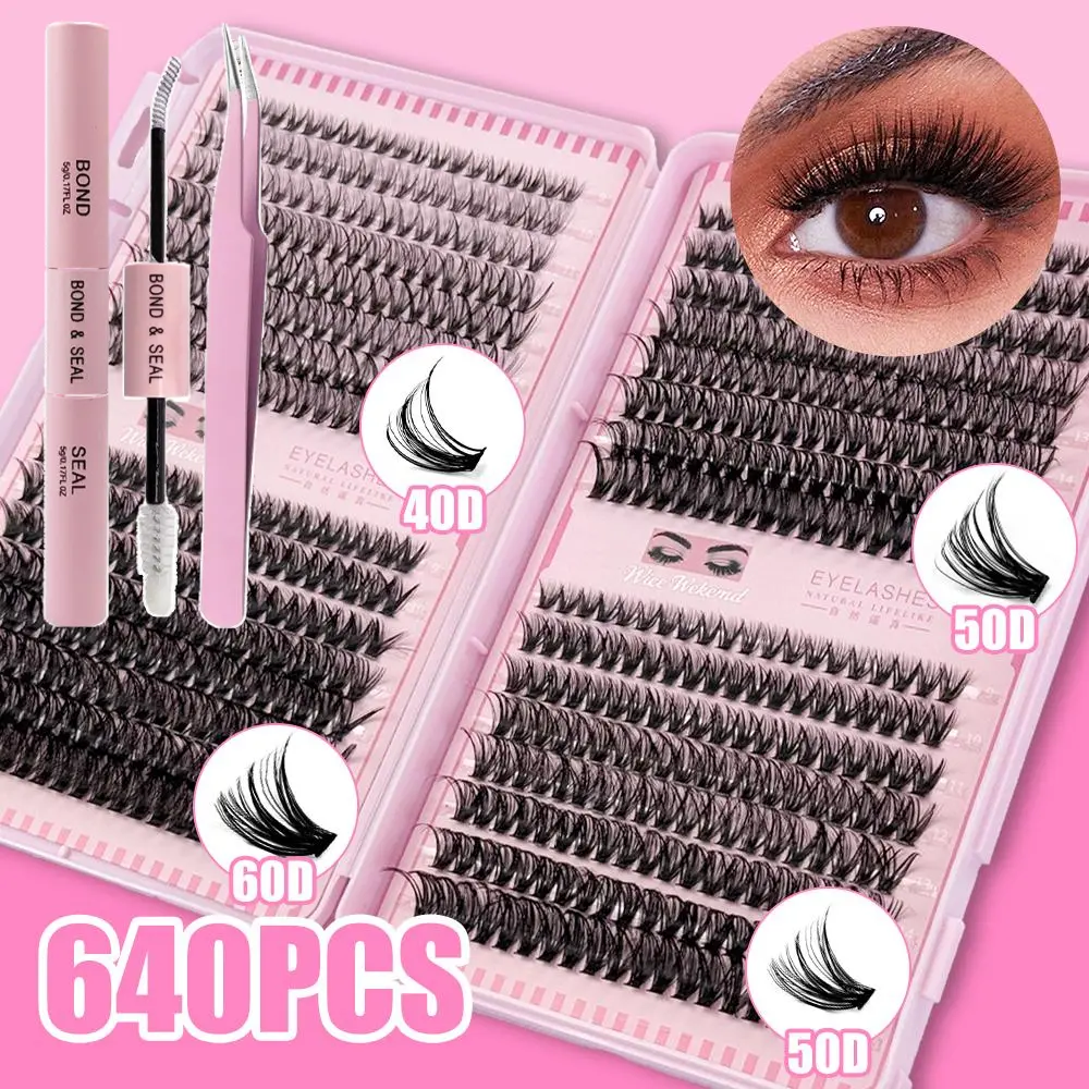 3 in 1 set 640 pcs Fluffy Lash Clusters Eyelash Extensions Kit with Tweezers Bond & Seal 8-16mm Light Volume Wispy Professional Makeup Lashes Easy DIY Non Irritating High Quality 3D Lash Bottom Supplies Set