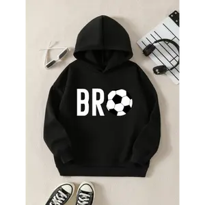100% Polyester Long Sleeve Hoodie - Casual Sports Hoodie for Teens - Applique Soccer Ball Design, Drop Shoulder, Hooded Pullover with Slight Stretch, Cold Resistant Knit Fabric for Fall/Winter