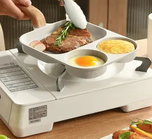 frying pan- Breakfast Frying Pan3-In-1 Divided Grill Pan with Heat-Resistant Handle, 9.25" Omelette Pan Compatible with All Stovetops, beige Cookware Egg