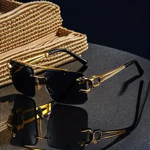 Vintage Luxury Golden Fahsion Glasses Cool Tiger Stand Women's Frameless Black For Men And Women Outdoor Travel Anti Glare Glasses003