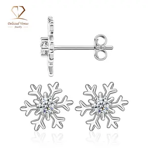 Delzzad Romantic Icy Snowflake Stud Earrings Synthetic Moissanite S925 Earring Jewelry Perfect Birthday Engagement Anniversary Christmas Gift