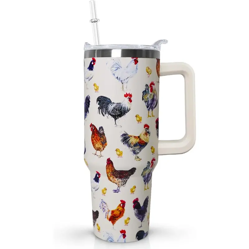 40oz Stylish Printed Stainless Steel Insulated Water Bottle - Animal-Themed Chicken Print, Egg Design, Handle, Transparent Lid, Straw, Portable Vacuum Flask Coffee Mug Tea Kitchenware Beverage Holder - Birthday Gift for Girlfriend