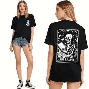 The Reader Tarot Card Front And Back Printing Shirt, Skeleton Reading T-shirt, Book Lover Gift For Women, Book Lover Tee, Tarot Card Shirt