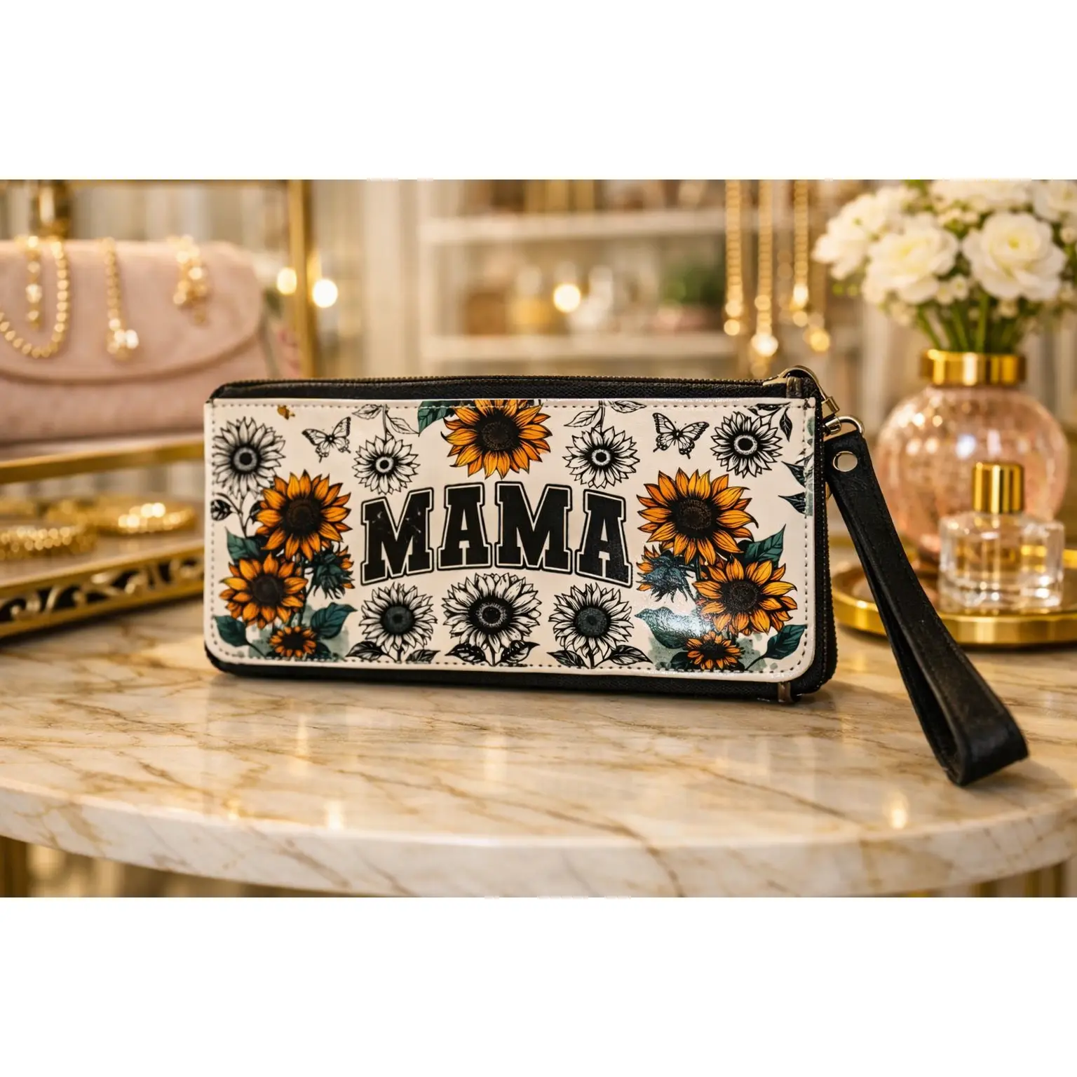 Sunflower “MAMA” Wristlet Wallet – Floral Zipper Clutch