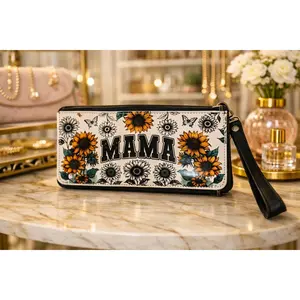 Sunflower “MAMA” Wristlet Wallet – Floral Zipper Clutch