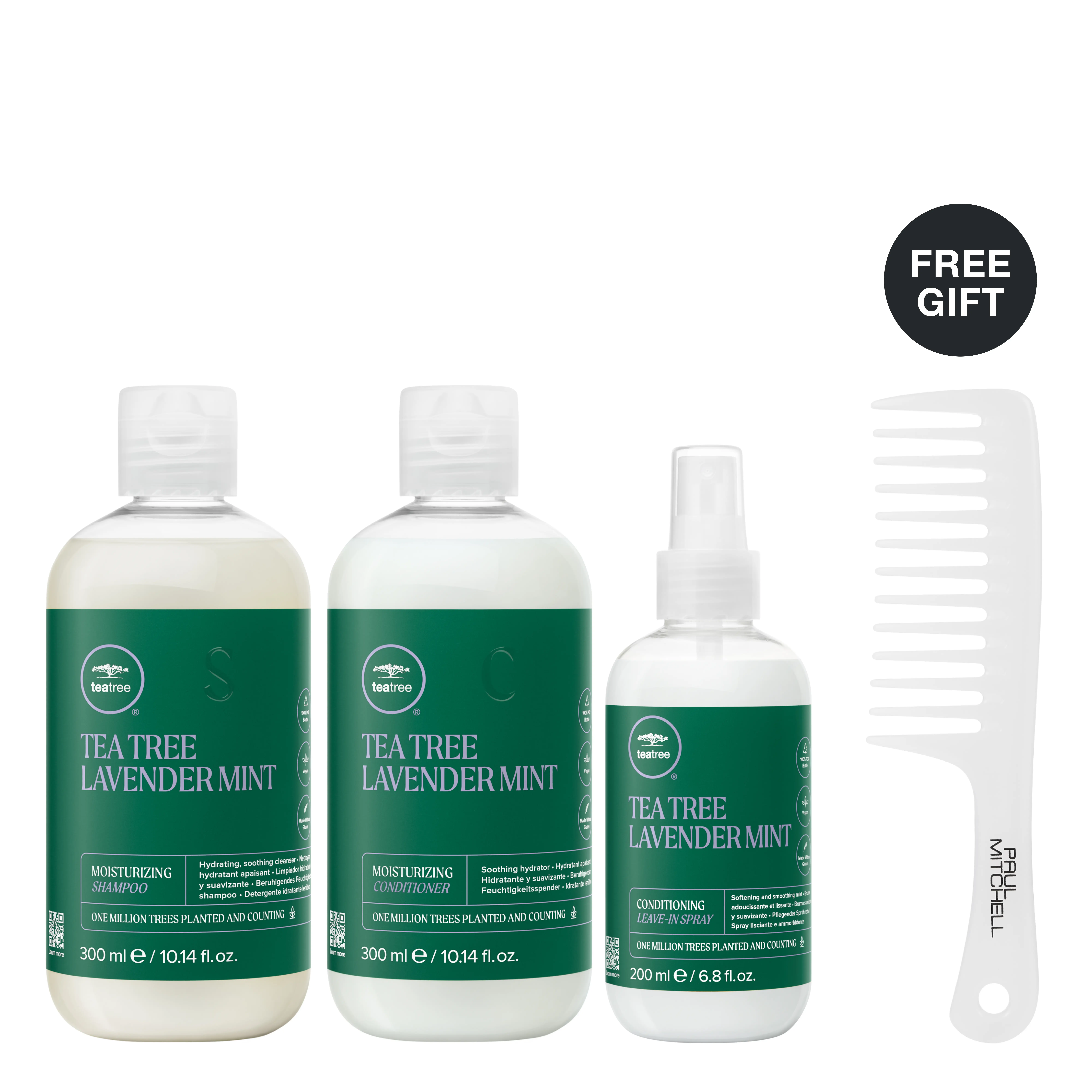 Tea Tree Deep Hydration Bundle – Tea Tree Lavender Mint Moisturizing Shampoo, Conditioner and Conditioning Leave-In Spray with FREE Detangler Comb*