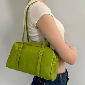 Y2K Lime Green Shoulder Bag – Glossy Baguette Purse | 2000s It Girl Mini Handbag