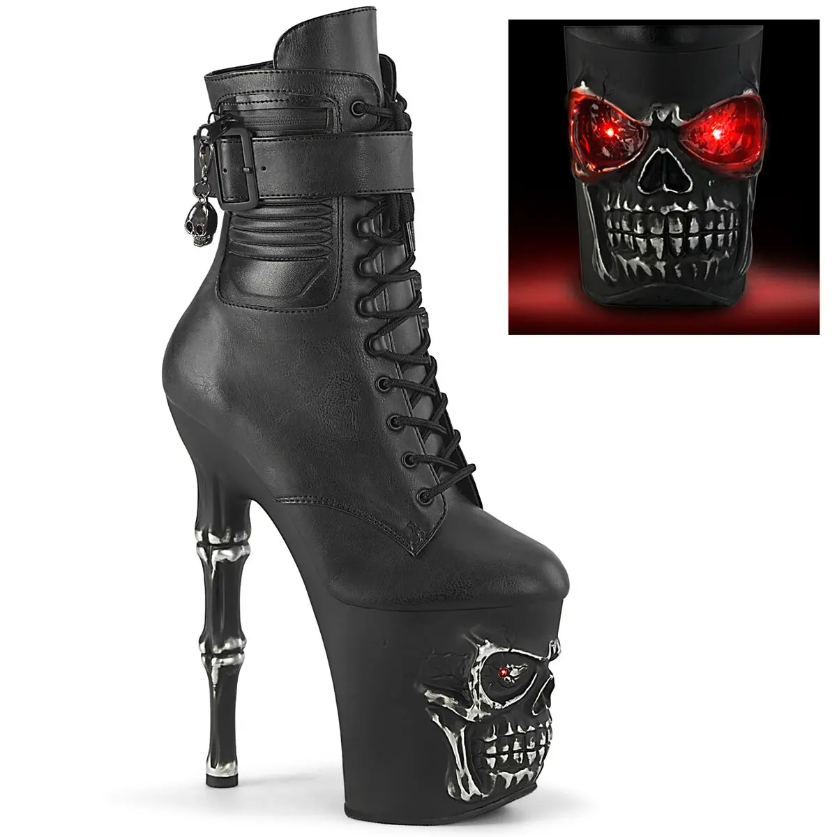 Women's Lace-Up Platform Ankle Boots, 8 In Decorative Finger Bone Heel, 4-in Skull Platform with USB Red LED Lights, Synthetic PU Leather, Boot, Footwear, Zip, Shoe, Ankle Length, Lace-Up Front, Mini Skull Charms, Outside Zippered Pocket, Usb Chargeable R
