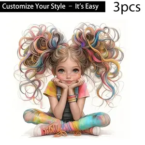 3pcs DIY Colorful Hair Girl Heat Transfer Stickers, High-Definition Tear-Resistant, for T-Shirts, Pillows, and Backpack Decoration