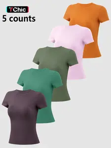 Women's Seamless High-Elastic Soft Comfort Round Neck Flat Shoulder Short Sleeve Yoga Wear 1-Piece/2-Piece/3-Piece/5-Piece Fashion T-Shirt for All Seasons Outdoor Running Cycling Hiking Walking Shopping Home Gym Training Versatile Short Sleeve