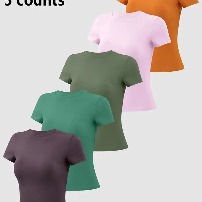 Women's Seamless High-Elastic Comfort Round Neck Flat Shoulder Short Sleeve Yoga Wear, Activewear, Fitness Apparel, Workout Tops, 1-3 Piece T-Shirt for All Seasons Outdoor Running Cycling Hiking Walking Home Gym Training