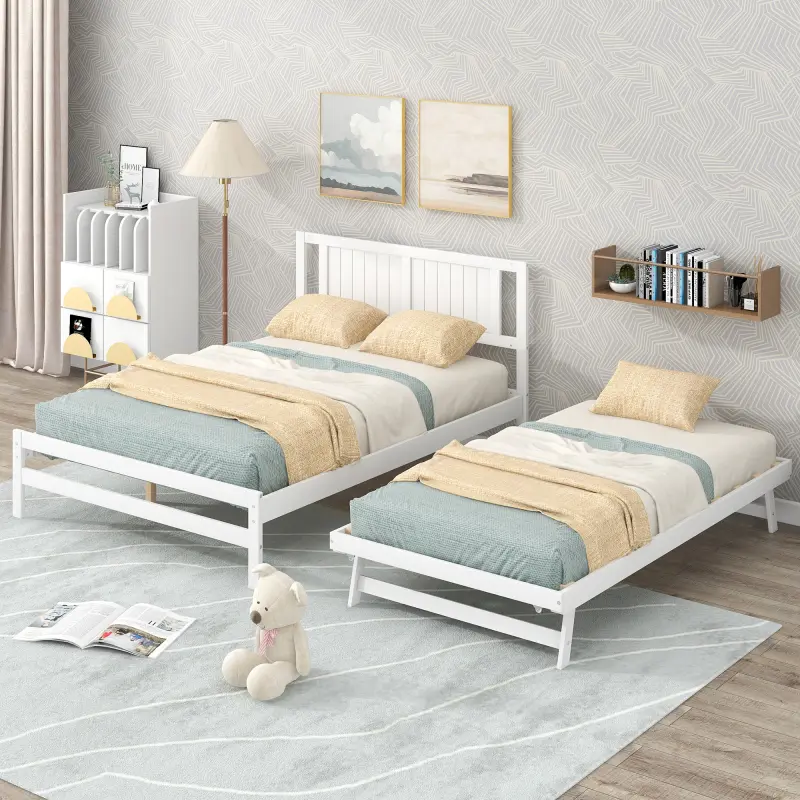 Wooden Full Bed Frame with Twin Trundle & Headboard - MDF Furniture with Adjustable Trundle, Extendable Frame, Wooden Construction, Multiple Function Design