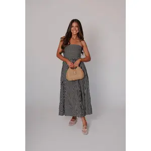 Cammie Striped Midi Dress-Black