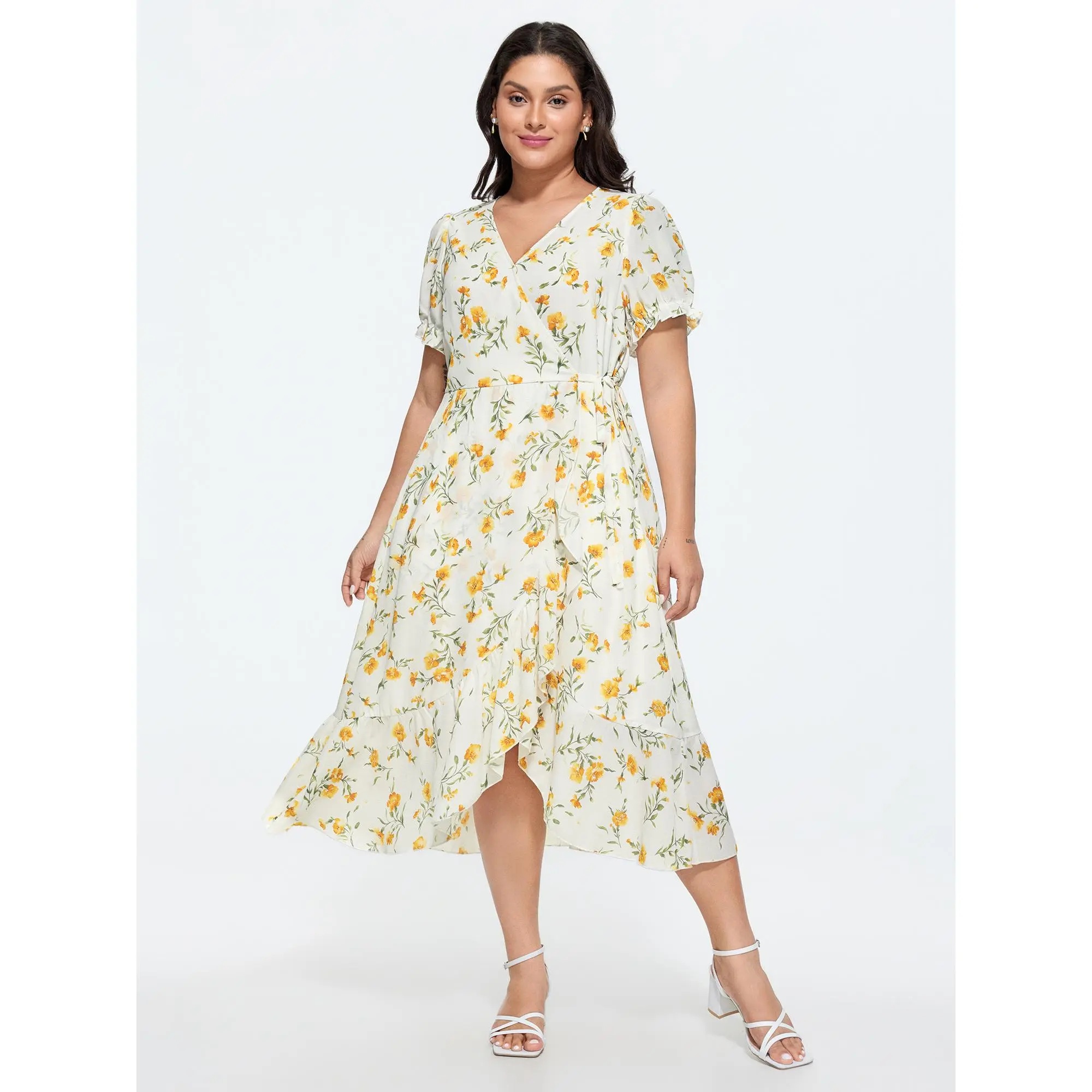 BloomChic Women's Plus Size Ditsy Floral Shortsleeve Midi Dress, Casual Pull-On with Lace-Up Neckline and Side Pocket, Low Iron Fabric, Polyester, Smooth