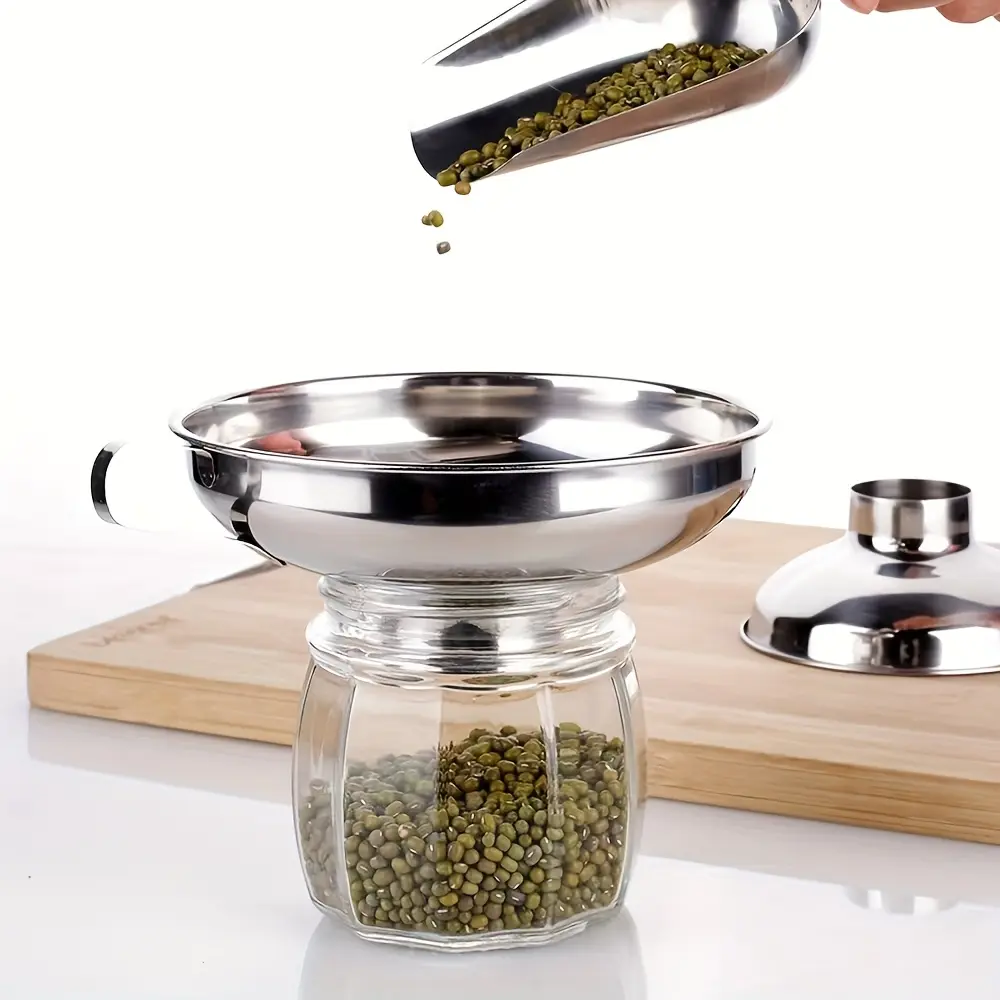 Wide-mouth stainless steel kitchen funnel with handle, food-grade metal, suitable for jam, sauce, cooking oil and other filters - filterers are suitable for home canning and food preservation
