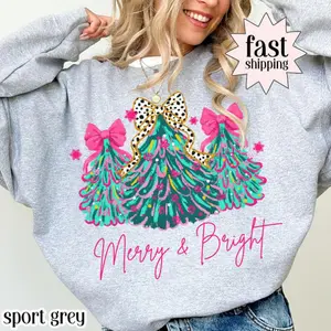 Christmas Sweatshirt Merry & Bright Xmas Tree Sweater Pink Holiday Festive Bow Lights Pullover Cute Jolly Tee Merry Christmas Mom Crewneck