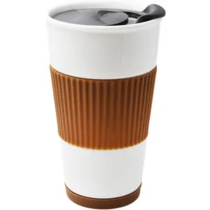 Ceramic Double Wall Insulated Travel Coffee Cup with Slider Lid,  Sleeve & Built-In Coaster, 10 fl.oz (Coffee)
