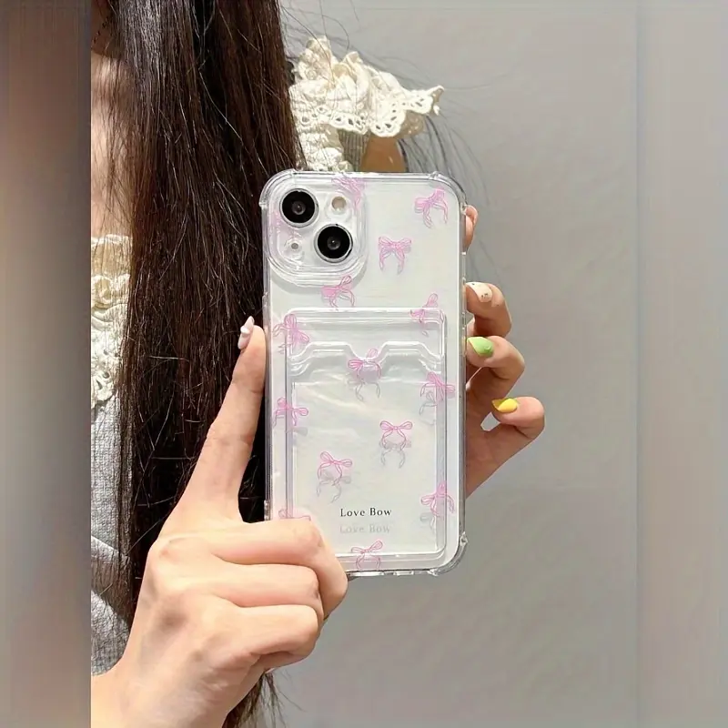 1pc Pink Bow Personalized Card-Insertable Full-Cover Transparent TPU Cell Phone Case - Protective Accessory & Protector for iPhone 17,16,15,14,13,12,11 Pro Max,XR, Accessories