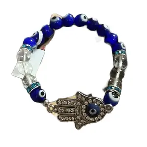 Evil Eye Bracelet - Blue Beads with Eye palm  & Sparkling Accents Elastic Fit for Men Women Protection Against Negativity Fashionable Everyday Wear