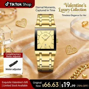 Valentine's Luxury Collection Women's Gold Square Watch with Stainless Steel Band Roman Numeral Dial Date Display 30M Water Resistant Quartz Wristwatch for Stylish Casual Formal Fashion Accessory Limited Time Deal