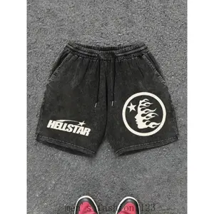 Hell Star, Fine Print Shorts, Summer Men'S Fashion Washed Cotton Old High Quality 290G Cotton, Casual Comfortable Street Retro Drawstring Shorts Fabric Menswear Stretch Black Tropical