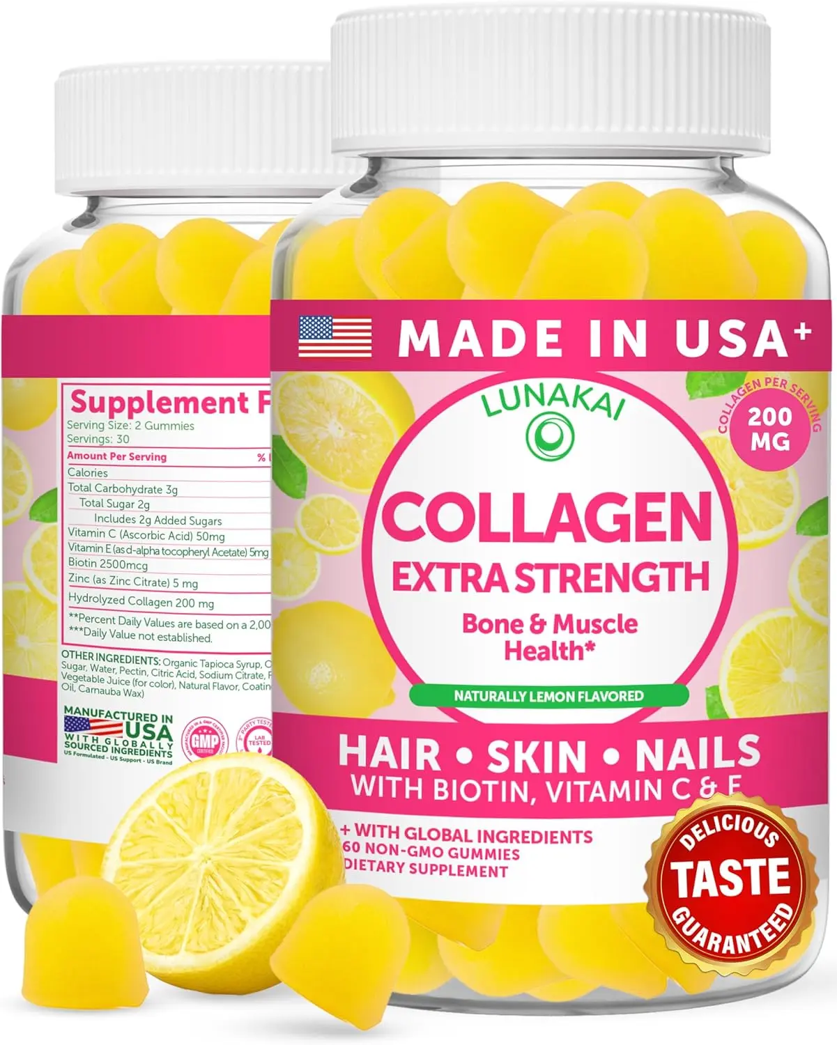 Collagen Peptides Gummies USA Made 200mg Anti Aging Formula Hydrolyzed Collagen Supplement with Biotin Zinc Vitamin C E Hair Growth Support Radiant Skin Hydration Nails Strength Chews for Women Men Non GMO 60 Count
