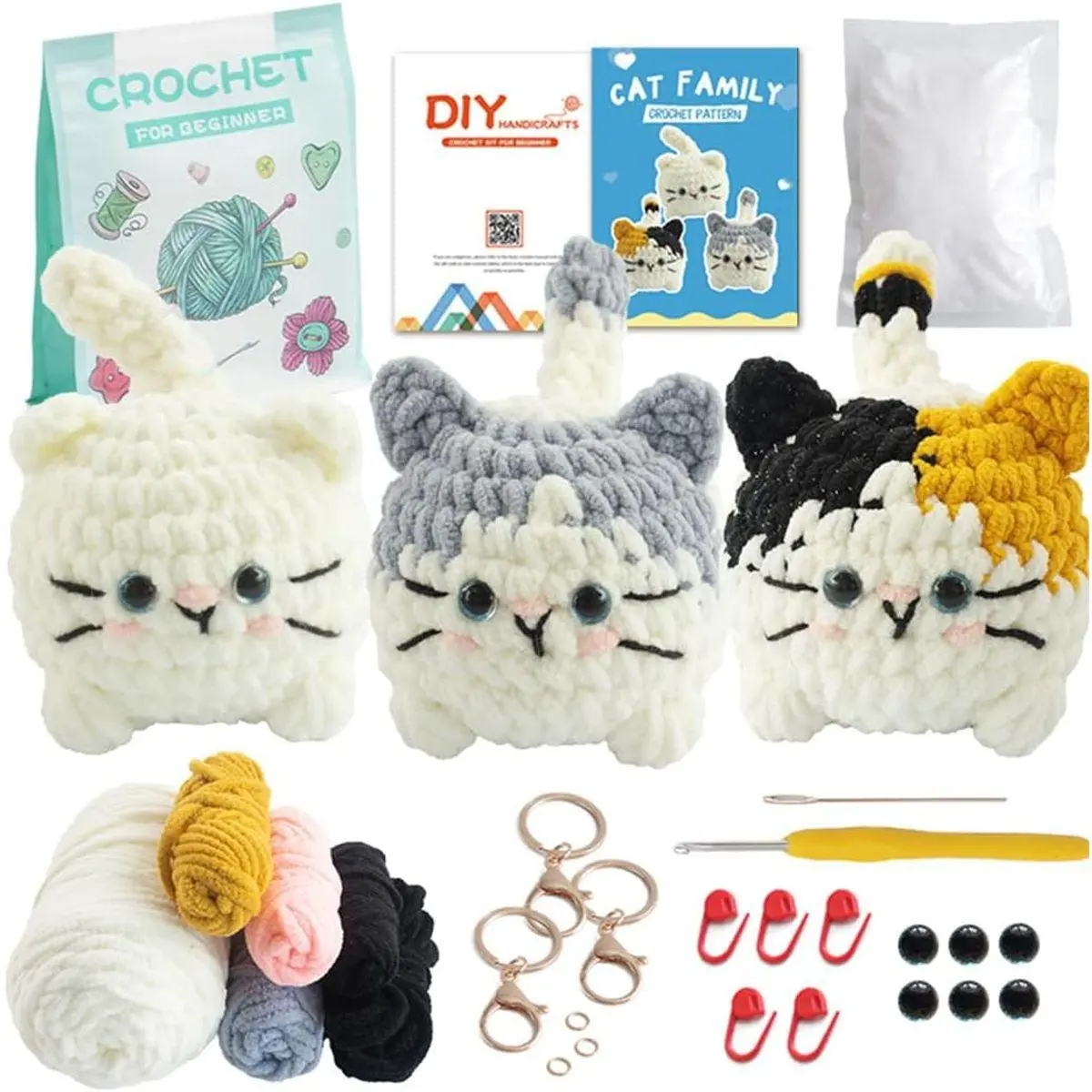 Crochet Kit for Beginners – Knitting Kits Cute Animal Kitten Keychain with Pre-Started Easy Yarn, Step-by-Step Video Tutorials for Adults & Kids DIY Crafts (Kitten)
