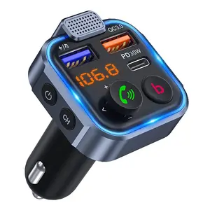 FM Transmitter Bluetooth 5.3 Fast Car Charger Adapter 30W QC3.0 PD20W USB Charging Port Smart Voice Navigation Aux 3.5mm Hands-Free Calling  LED Backlit
