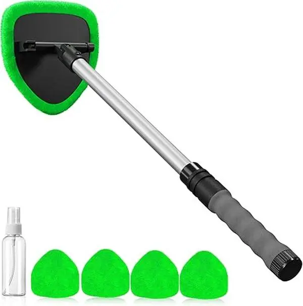 desin Windshield Cleaning Tool, Car Window Cleaner Windshield Cleaner with 4 Reusable and Washable Microfiber Pads and Extendable Handle Auto Inside Glass Wiper Kit