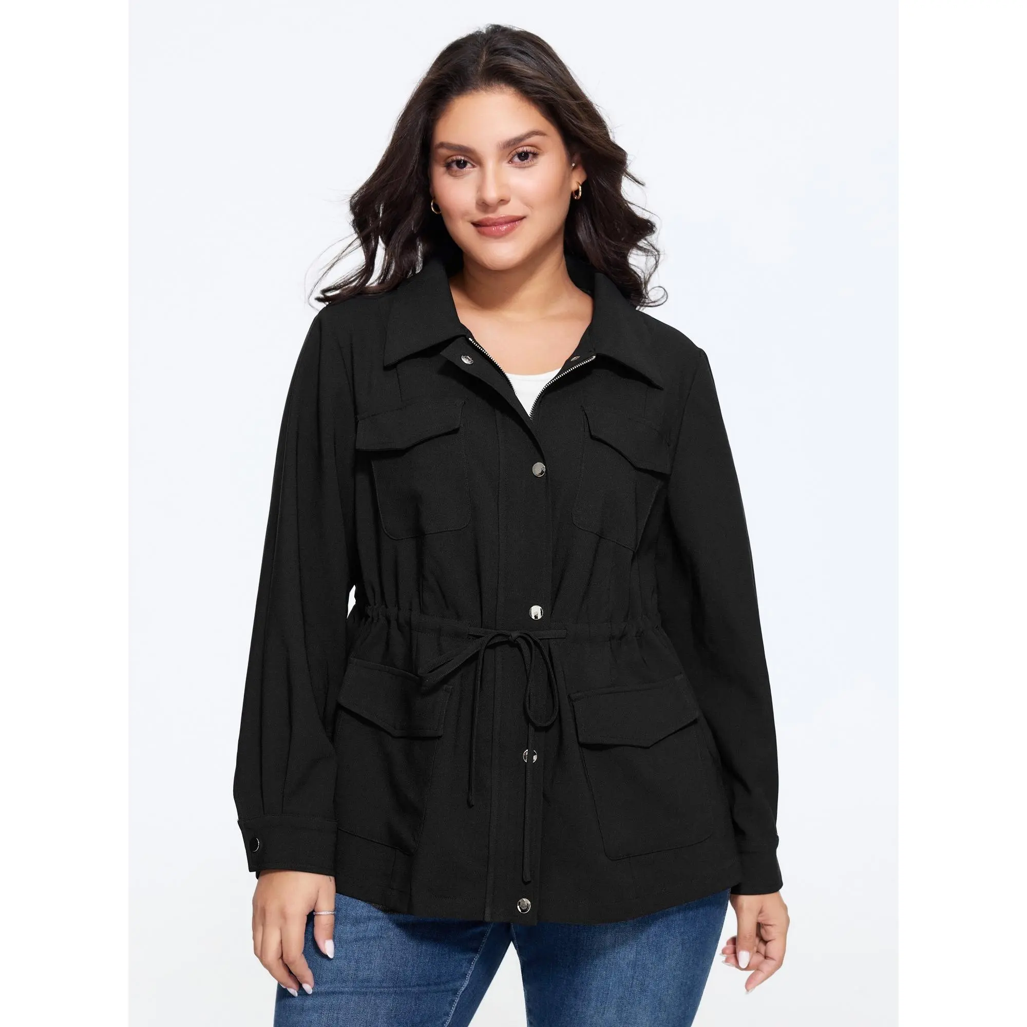 BloomChic Plus size，Drawstring Waist Zip‑Up Button Down Jacket[M-6X]Back To School,Fall Pick, Spotlight Day，SohoChic