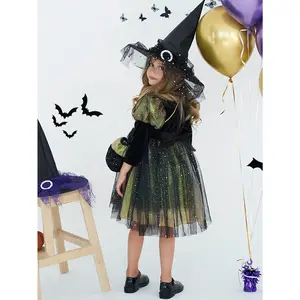 [Halloween Witch Dress] Halloween Witch Dress |     Girls' Green & Black Puff Sleeve Mid-Length Party Dress with Matching Bag, Loose Fit Round Neck Long Sleeve Fall Photo Shoots & Celebrations, Festive Attire, Decorative Belt Detail, Nonstretch