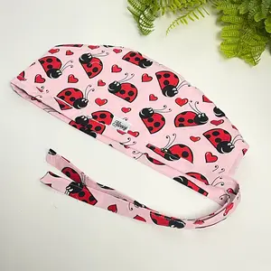 Niceroy Reversible MEN unisex pixie surgical SCRUB HAT Cap,Baby Pink Red Black LadyBug Cotton fabric nursing caps, tie back cap
