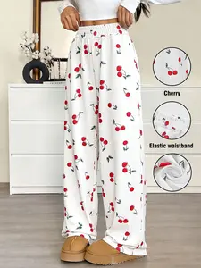 Cherry Print Wide Leg Casual Pants, Soft Fabric Elastic Waist, Comfortable Home Wear, Fashionable Fruit Print, All Seasons