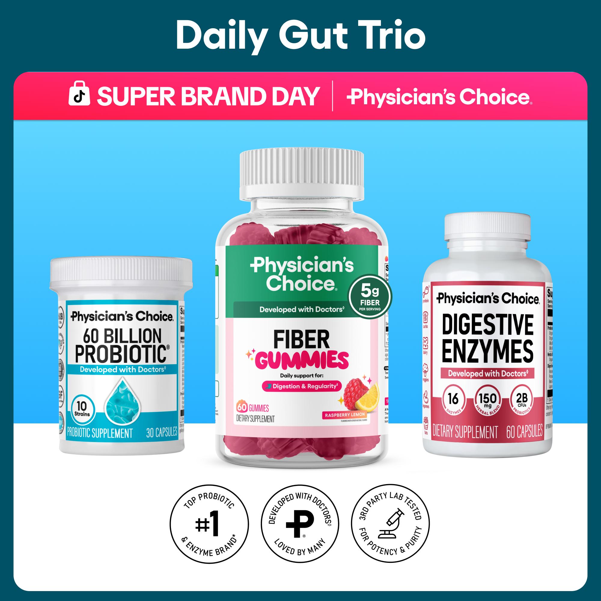 Physician's Choice Daily Gut Trio: Digestive Health, Regularity & Mealtime Support with Fiber Gummies + Digestive Enzymes + 60 Billion Probiotic