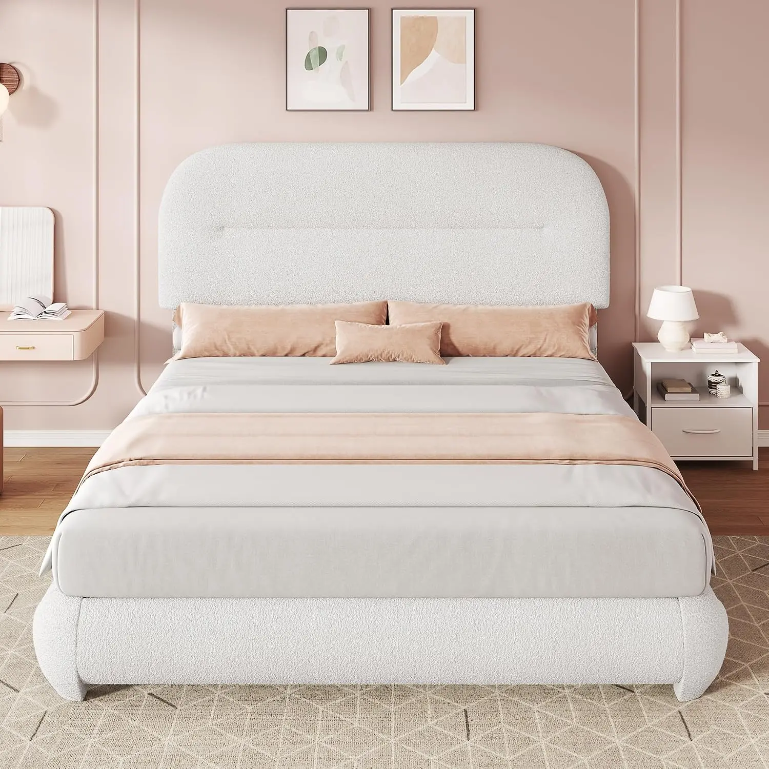 YITAHOME Queen Size Bed Frame with Height-Adjustable Headboard, White | Teddy Fleece Upholstered Platform Bed, Soft Cloud Bed with Footboard, Rounded Corners, No Box Spring Needed, Easy Assembly