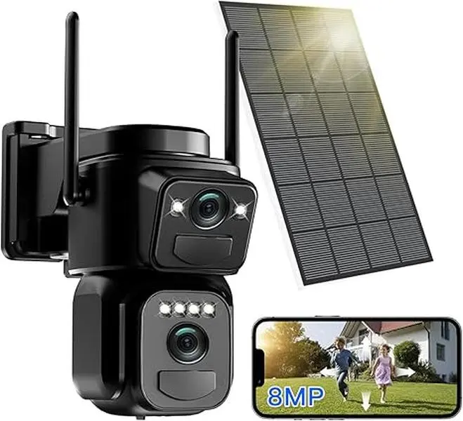 BEENOCAM Outdoor 2.4G WIFI Solar Security Camera, 4K 8MP Battery Powered 2.4GHz Dual Lens WIFI 360° PTZ Camera with Color Night Vision, 2 PIR Motion Detection, Siren, Two-Way Talk, IP66